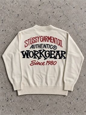 Stussy Cream Crewneck Sweater with Red and Black Workgear Logo